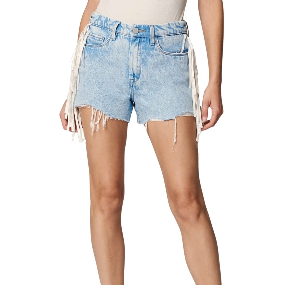 Blank NYC Shorts Womens 28 Blue White The Barrow Side Fringe Denim Distressed‎